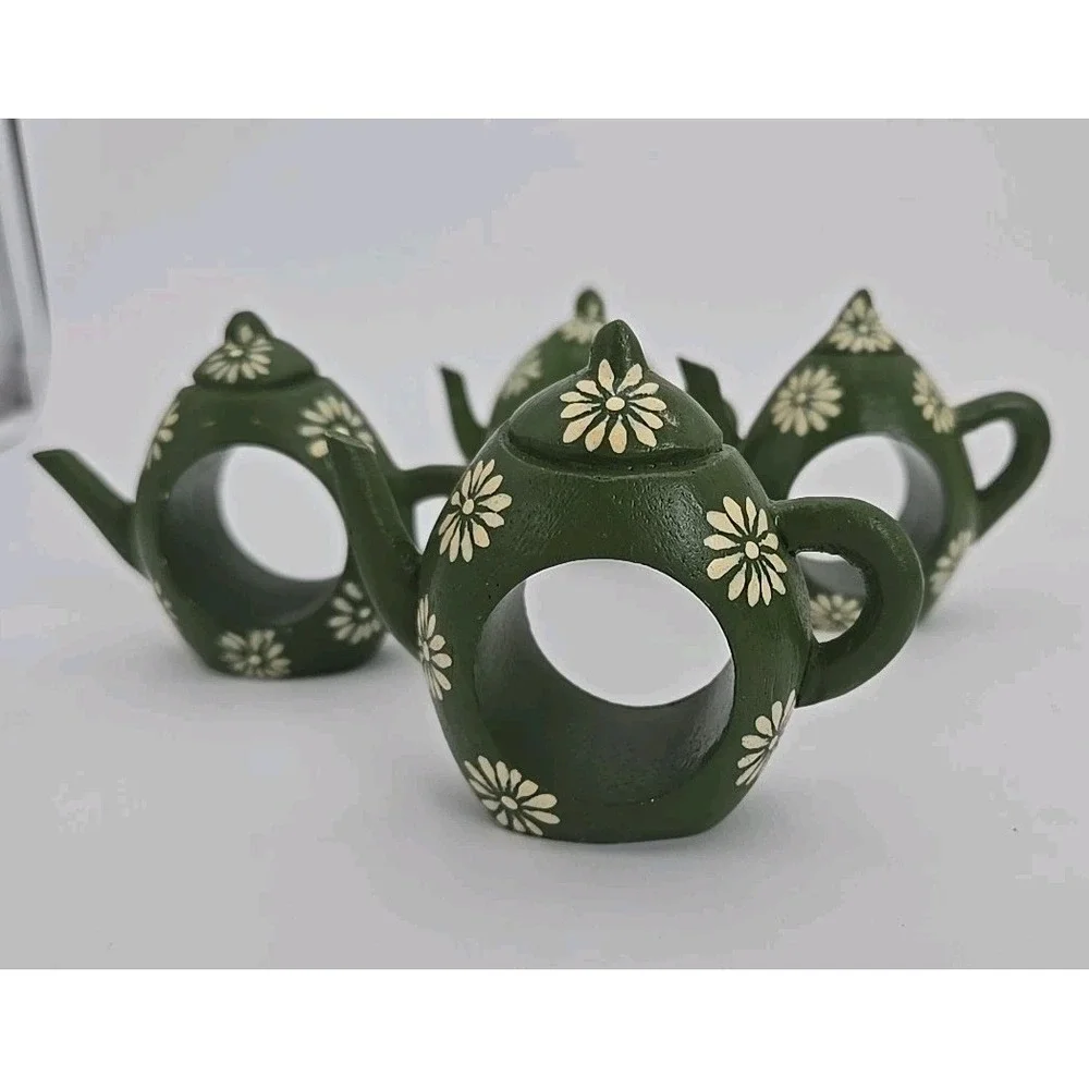 4 Wood Napkin Holders Hand Painted Green Teapot‎ Floral Vtg 70s 80s Cottagecore
